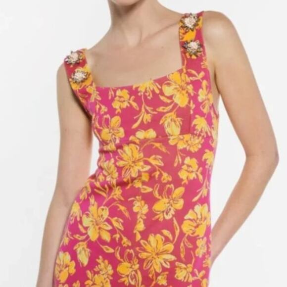 Zara Pink and Orange Floral Print Jaquard Dress with Jewel Accents Medium - Picture 2 of 8